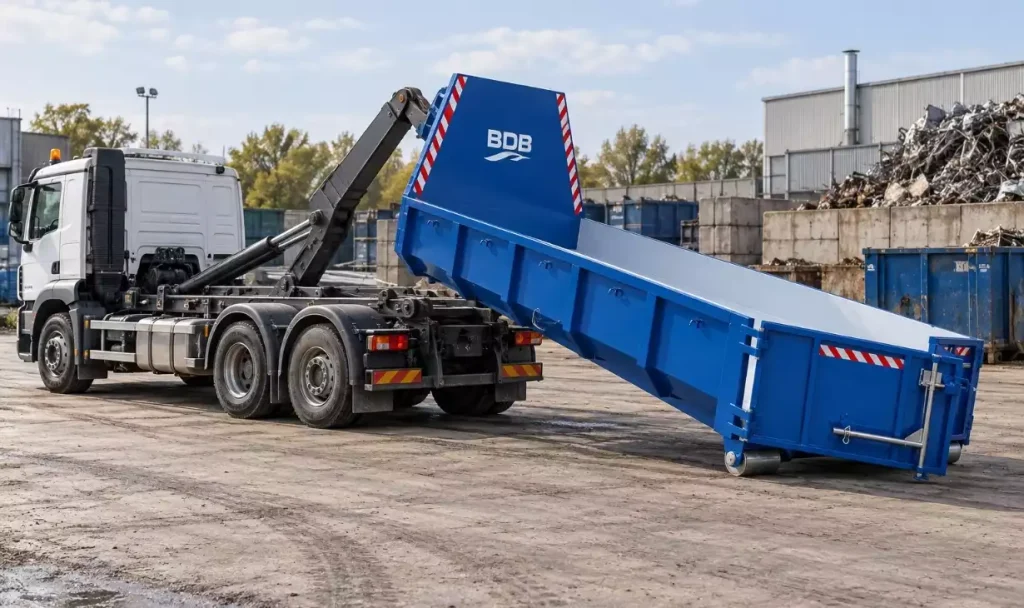 BDB 750 container loaded onto a truck by a hydraulic hooklift system