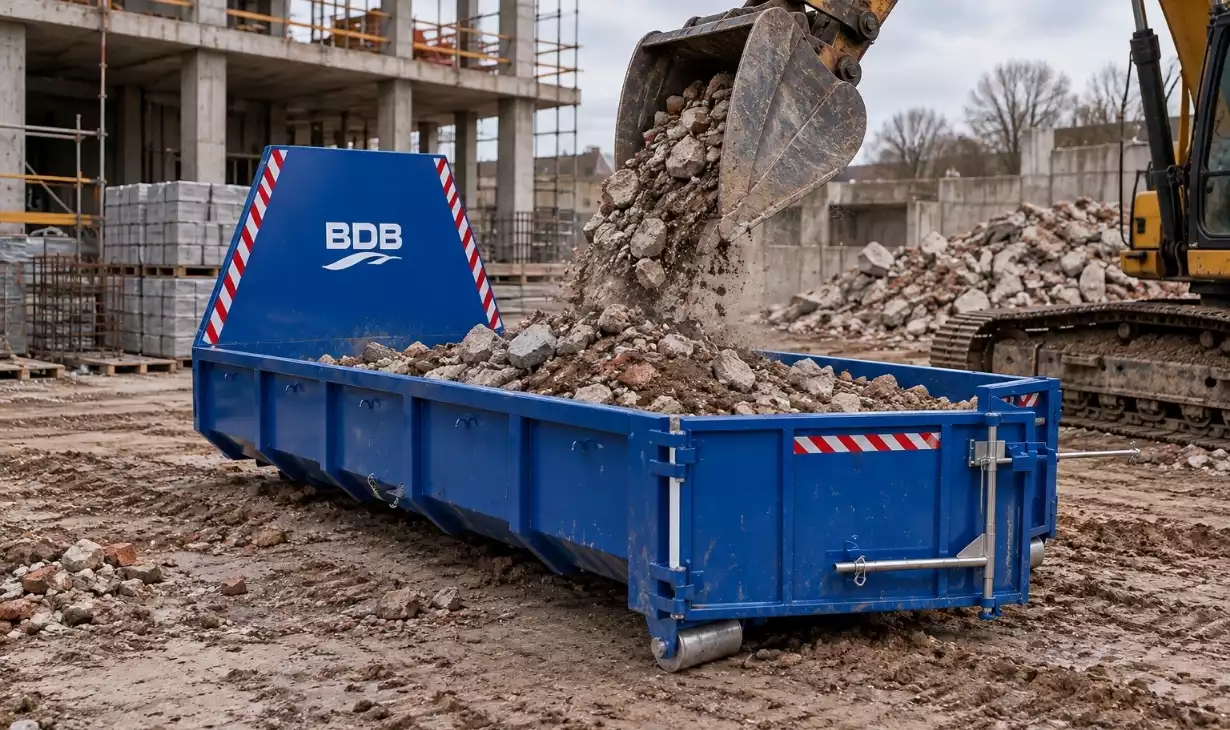 bdb 750 hooklift container collecting construction rubble