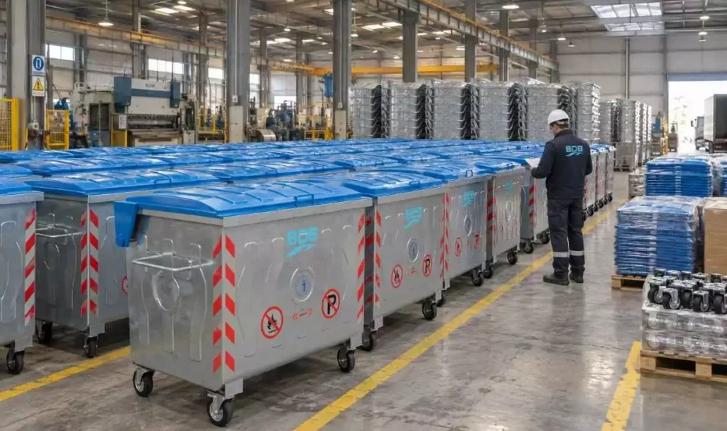 BDB Galvanized waste containers prepared for bulk shipment inside the factory