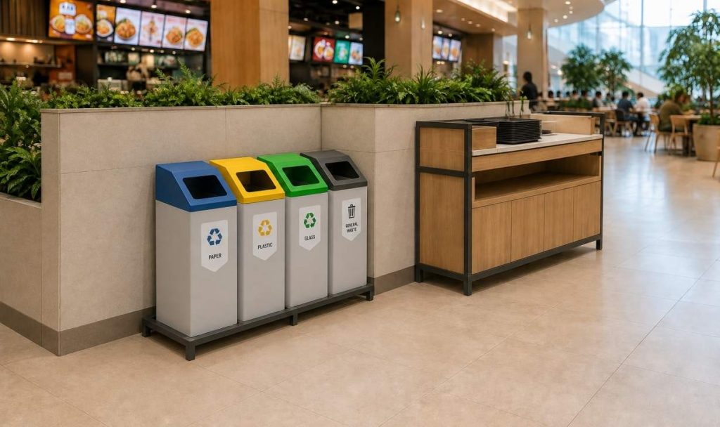 recycling bins for food floors in a shopping mall