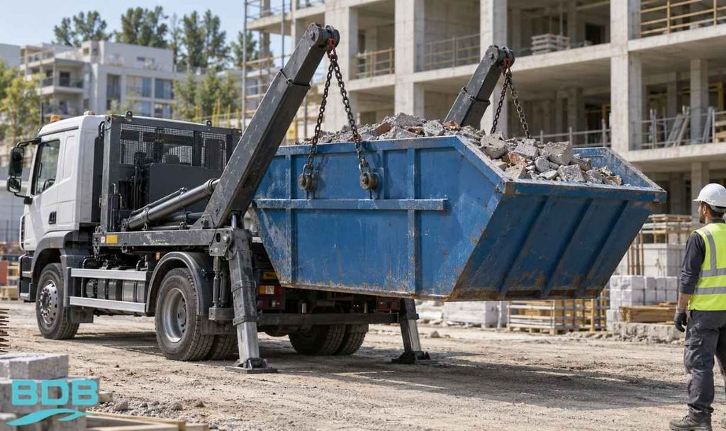 DIN 30720 Nedir? Standarda Uygun İnşaat Atığı ve Moloz Konteyneri Üretimi 2 skip loader aracla tasinan din 30720 moloz konteyneri
